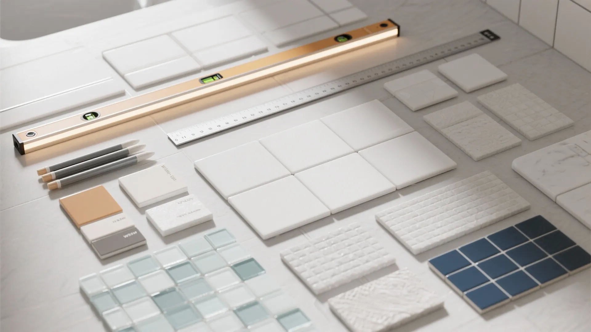 Collection of various bathroom tiles, measuring tools, and pencils laid out on a flat surface