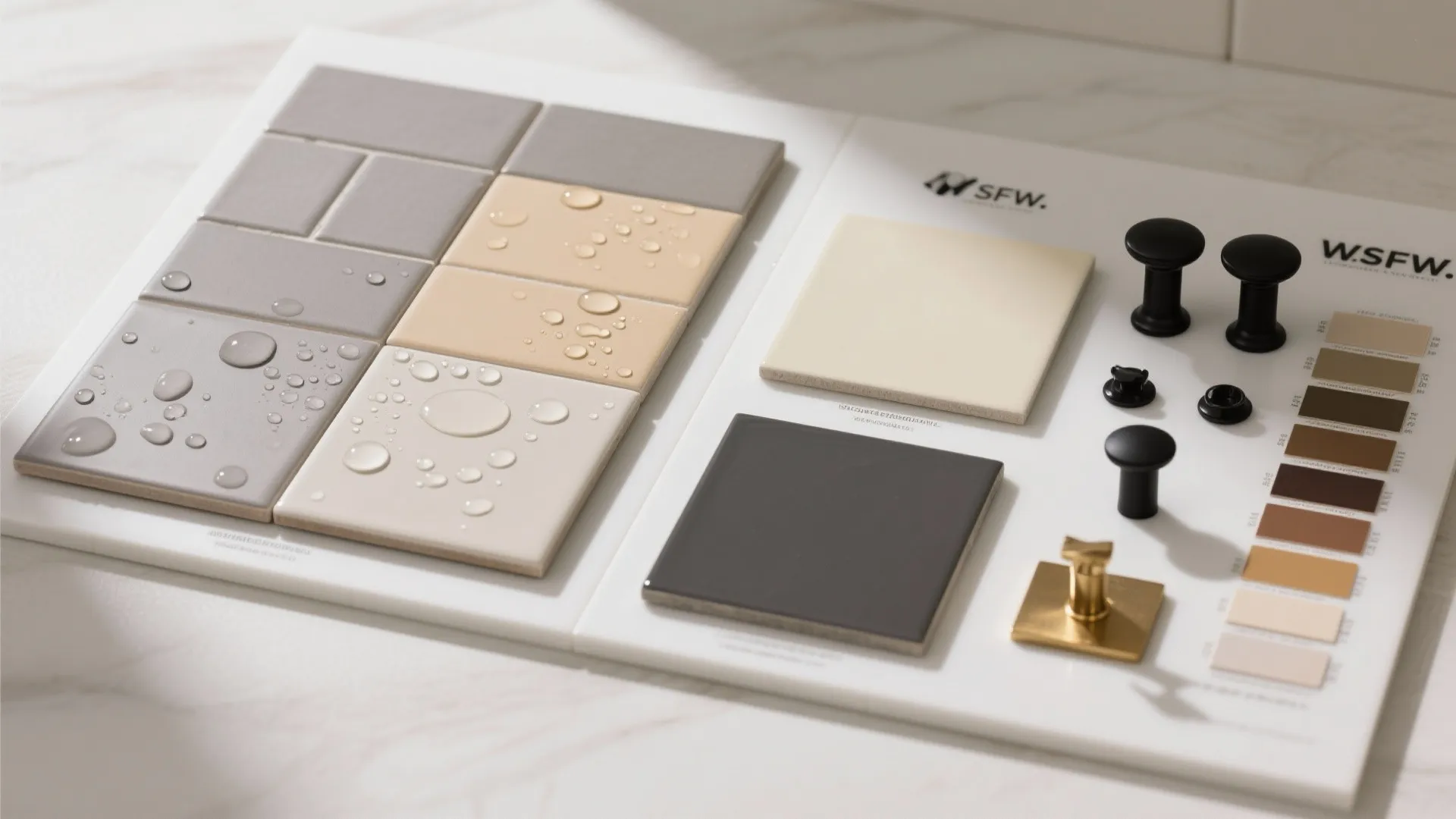Material board showing colorful wall tiles with water drops black cabinet knobs and small color samples