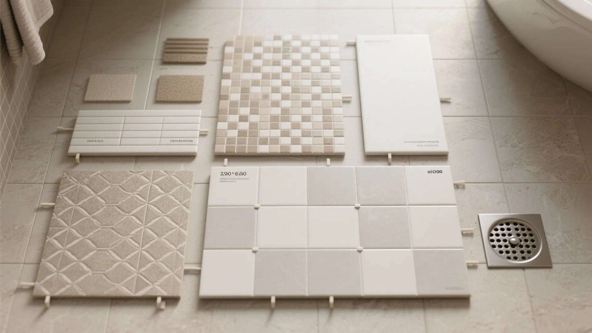 Various bathroom wall and floor tile samples displayed flat on a light grey tiled bathroom floor