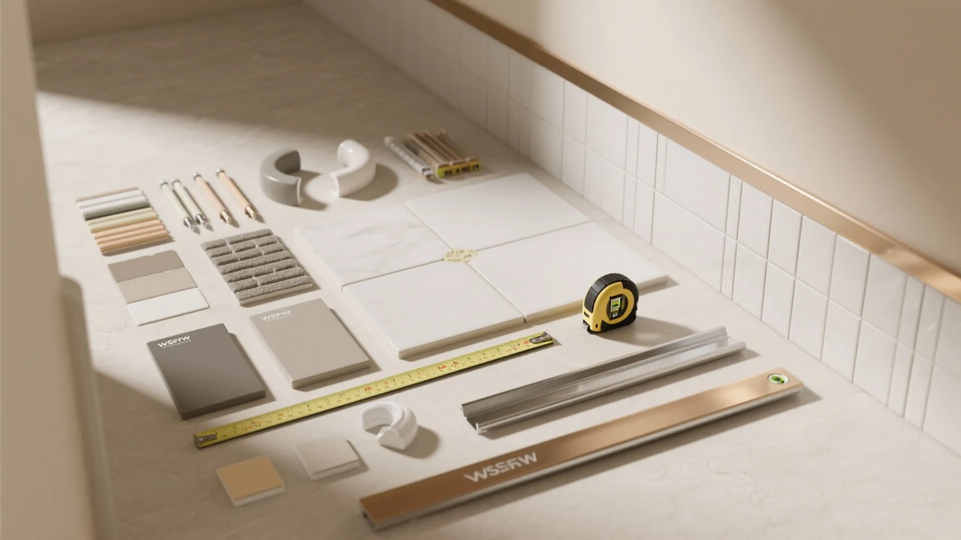 Flat lay of floor tiles measuring tape pencils color samples and metal trim home renovation