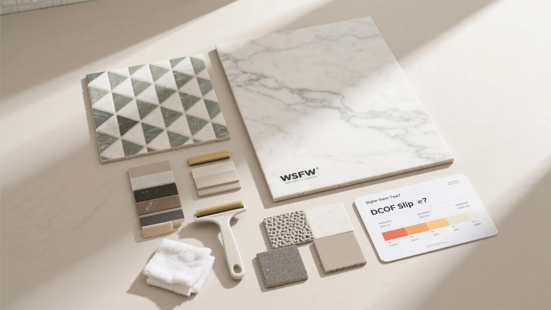 Flat lay of digital tiles for bathroom: matte, marble-look, mosaic, large-format, epoxy grout swatches, squeegee, cloth, and DCOF reference.