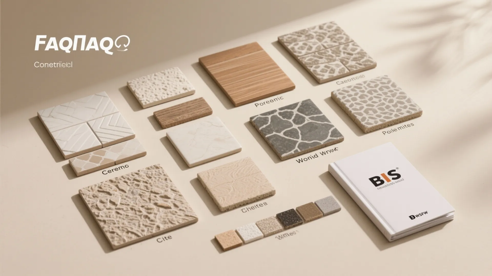 Flat lay of varied tile samples with grout swatches and tools, implying answers to common questions.