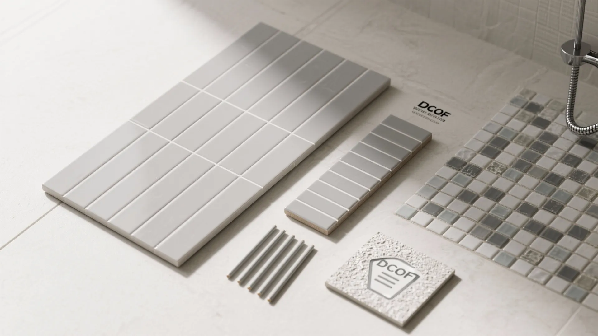 Selection of grey wall tiles and small mosaic floor tiles displayed on a white surface