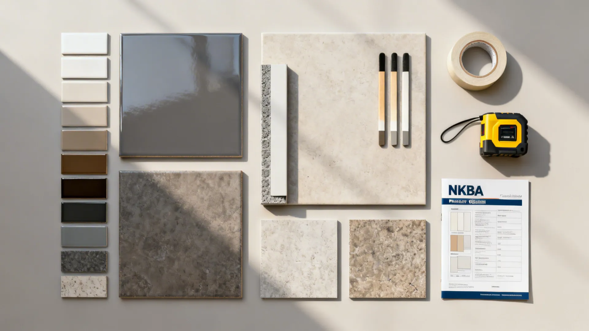 Flatlay with matte and glossy tile samples, grout colors, large-format piece, and NKBA guide booklet.
