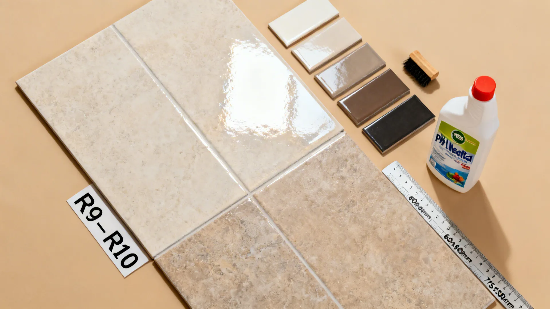 Flat lay showing stone floor tiles, small colorful wall tiles, cleaning bottle, brush, and metal ruler