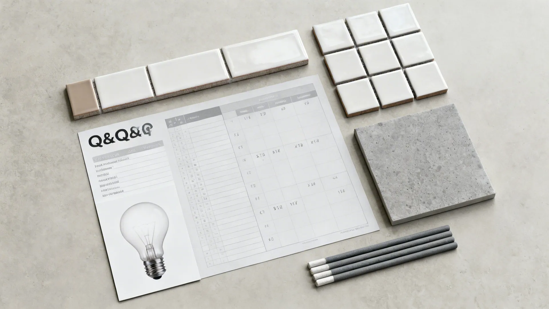 Interior design flat lay with square wall tiles concrete sample project paper and grey drawing