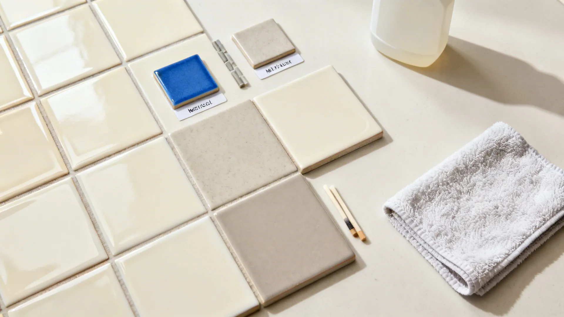 Flat lay of glossy and matte grease-resistant porcelain tile samples with grout sticks and cleaning props.