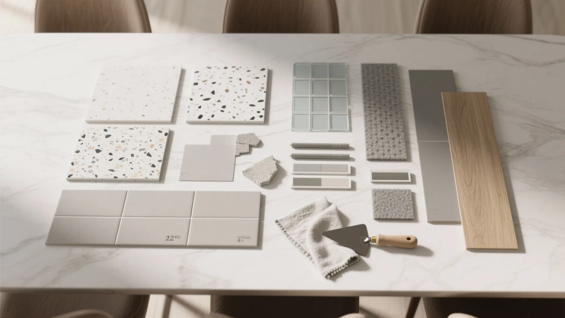 Interior design materials like stone tiles wood planks and carpet samples on white marble table