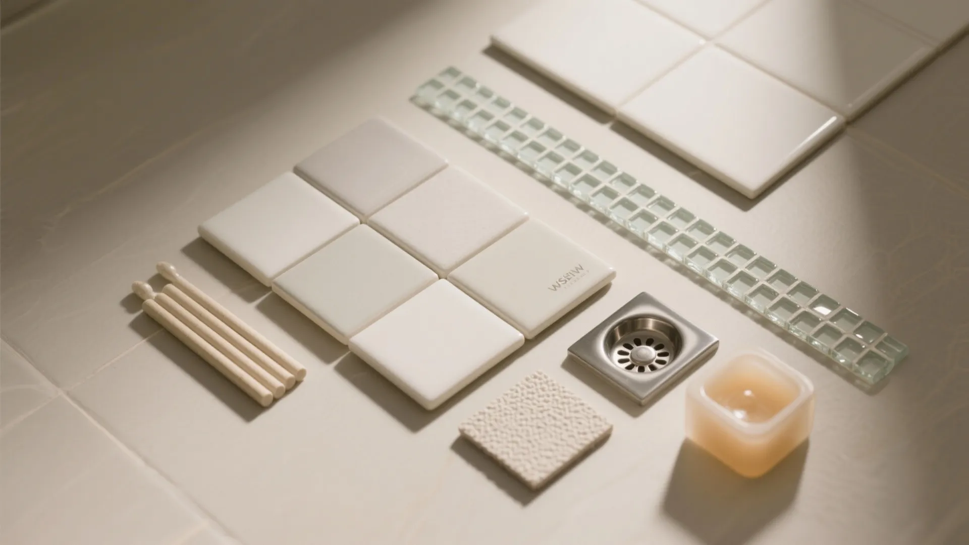 Collection of white floor tiles, glass mosaic strips, metal floor drain, and wooden decoration sticks
