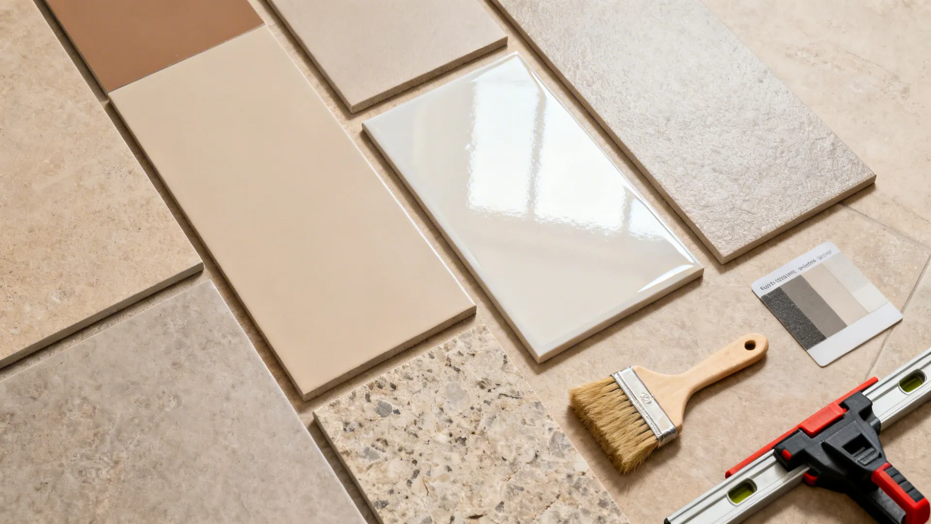 Selection of floor tiles with a brush and leveling tool for an interior design project today