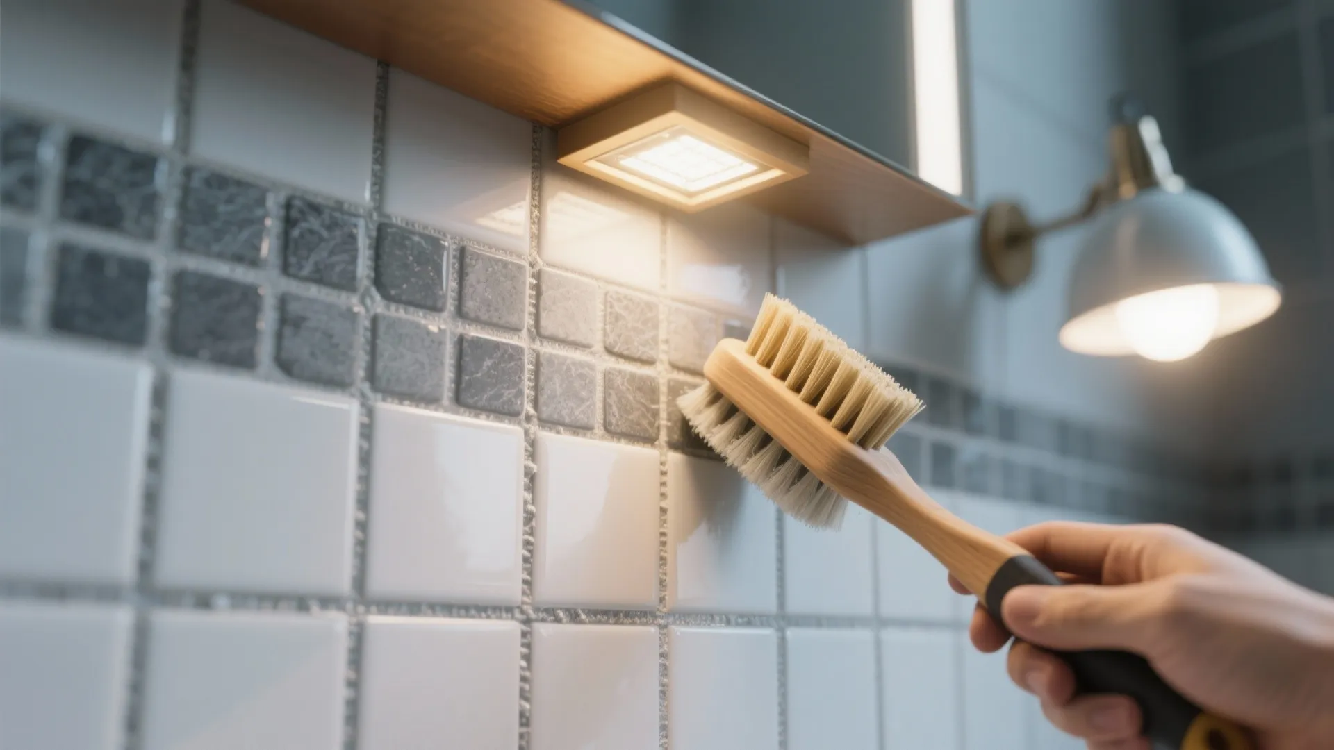 A hand using a wooden brush to clean white and grey small square wall bathroom tiles