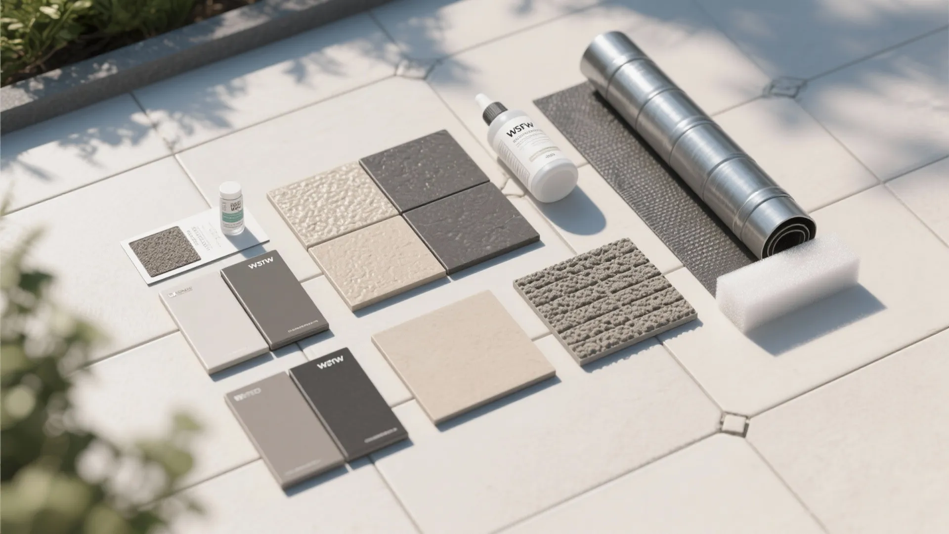 Outdoor floor tiles material samples with adhesive bottle and tools for home patio renovation project