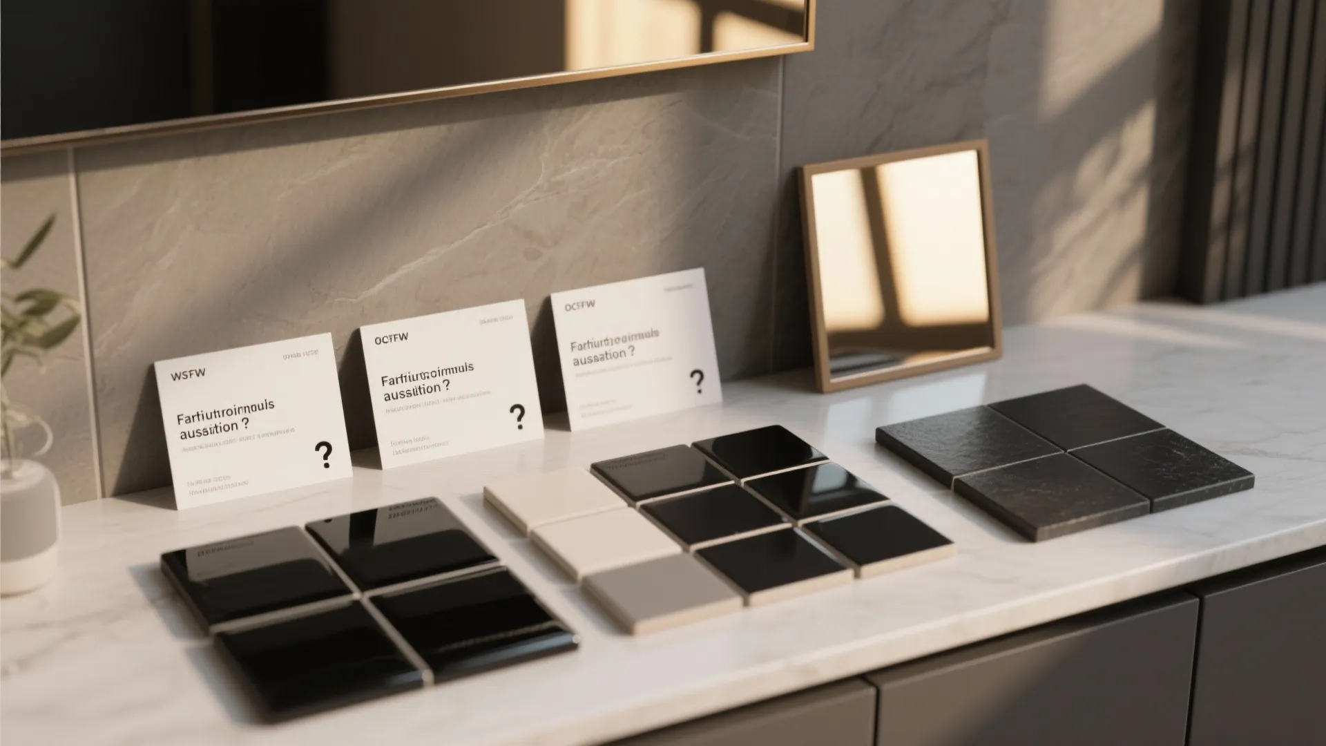 Various black and white floor tile samples displayed on a white marble counter with cards