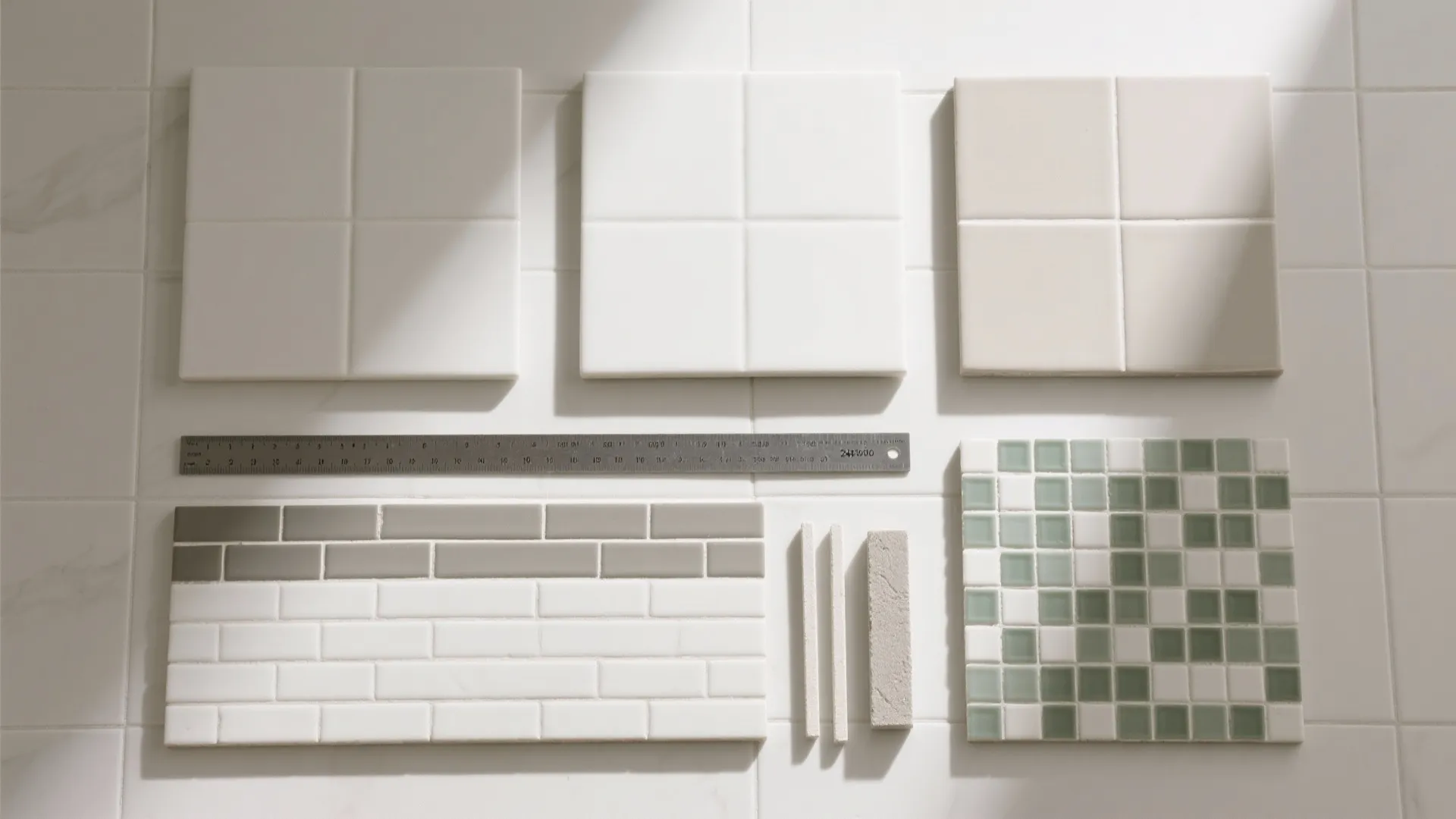 Top view of various bathroom tile samples and a metal ruler on a white background