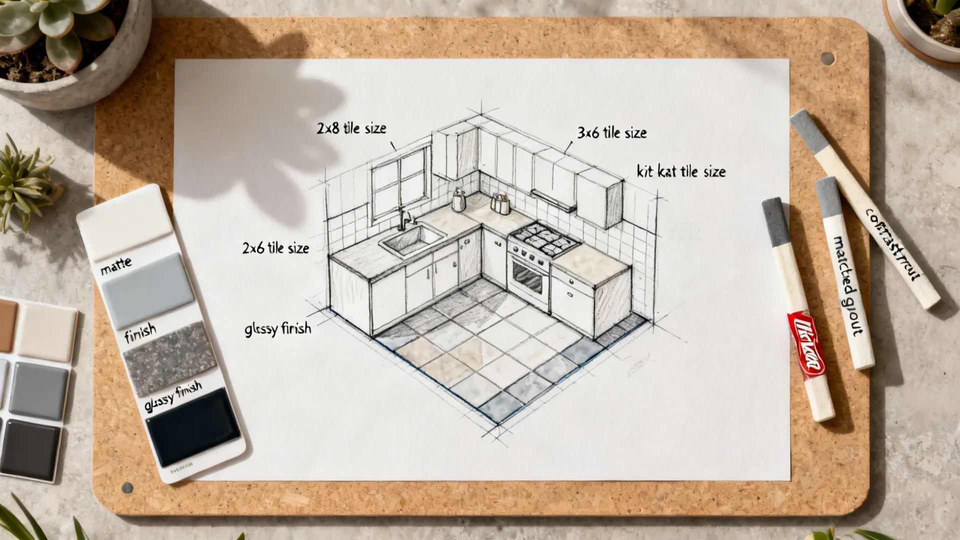 Top-down board with tile sizes, matte and glossy finishes, grout options, and a compact plan sketch.