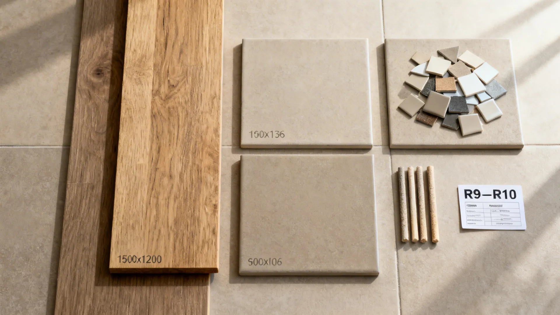 Top-down view of tile sizes, finishes, planks, grout sticks, and slip rating card on a neutral tile.