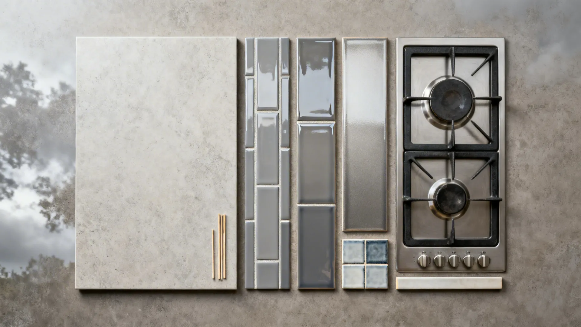 Top-down board comparing slab, subway with gray grout, glossy versus satin tiles, and small tile sizes.