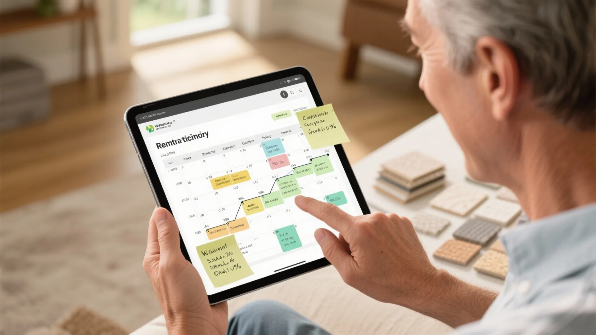 Man holding tablet showing project timeline schedule with colorful sticky notes and material samples nearby