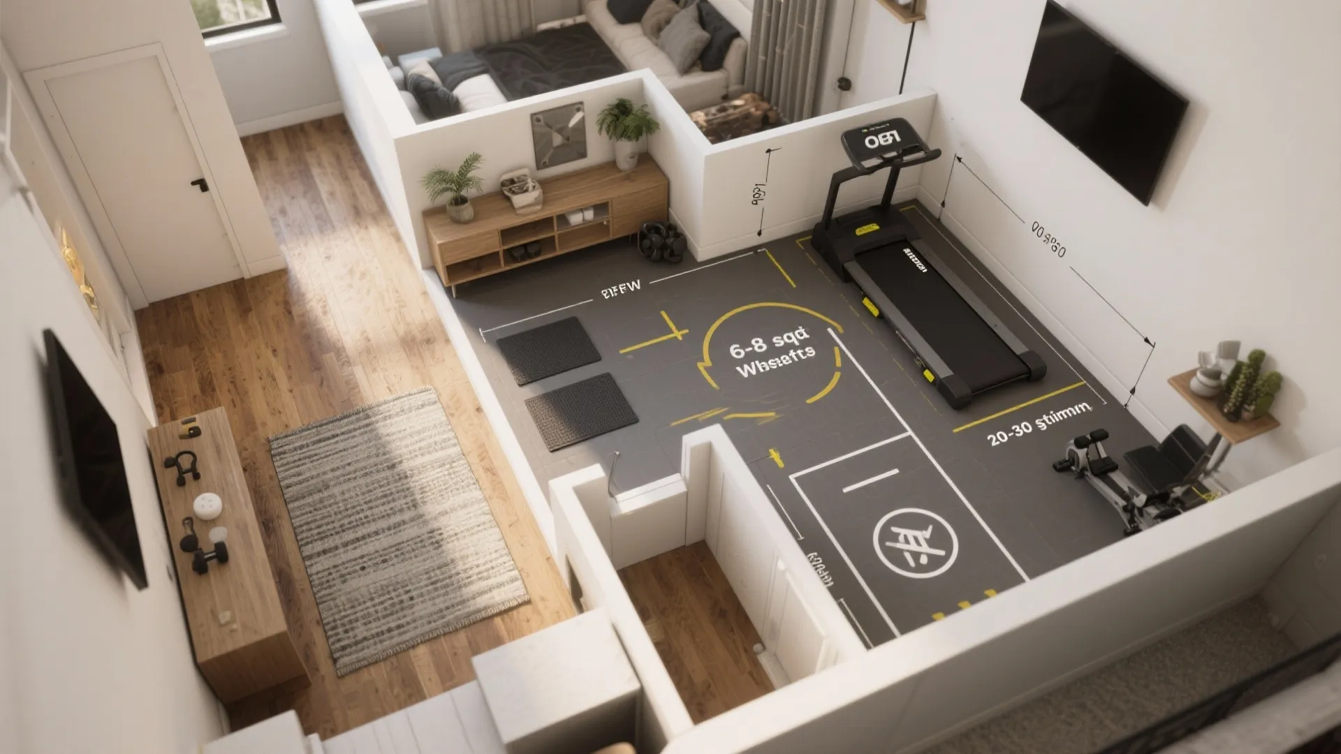 Interior design drawing showing small home gym layout with treadmill, measurements, and wooden floor hallway