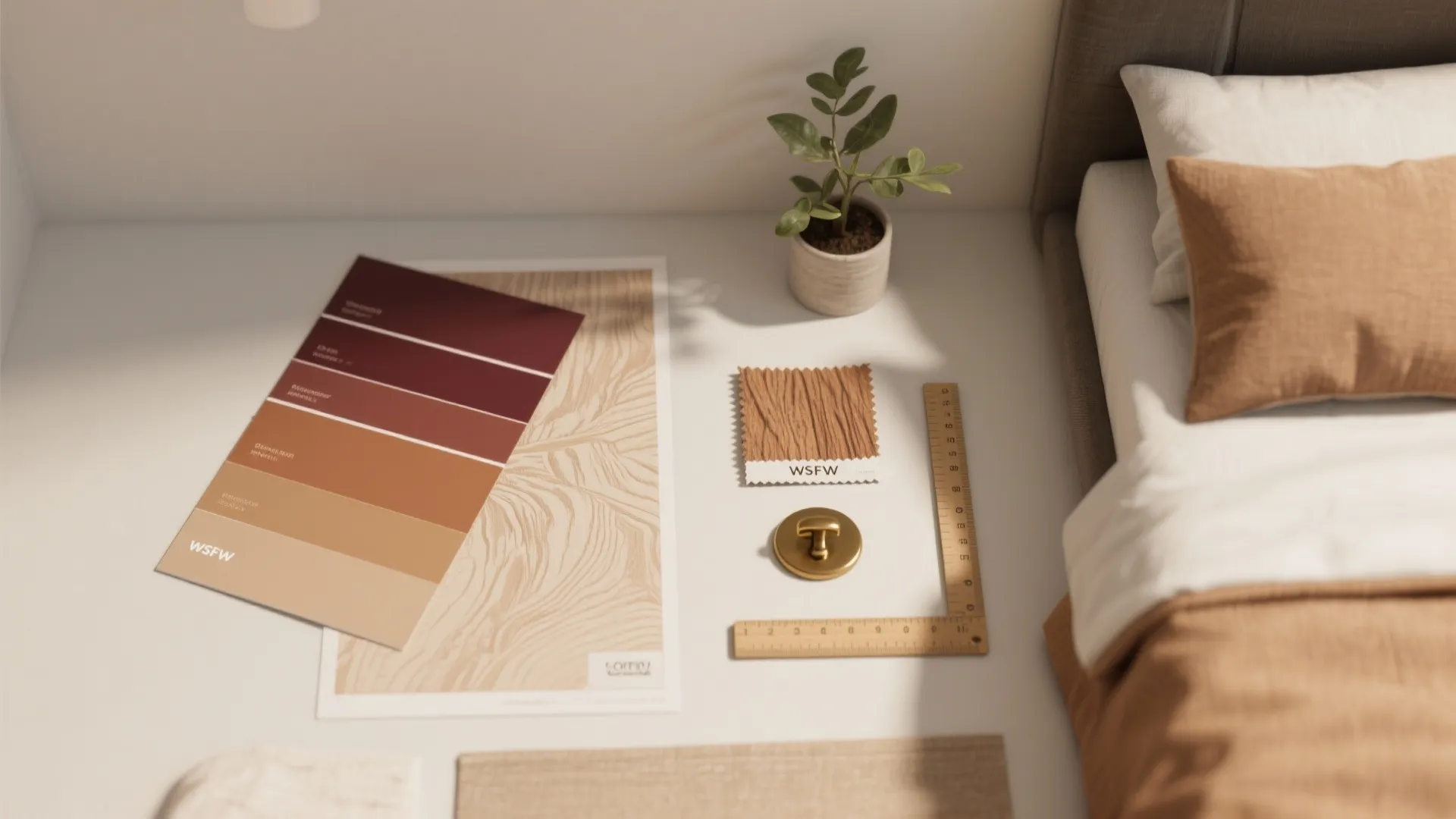 Interior design mood board with color samples wood texture paper ruler and small green potted plant