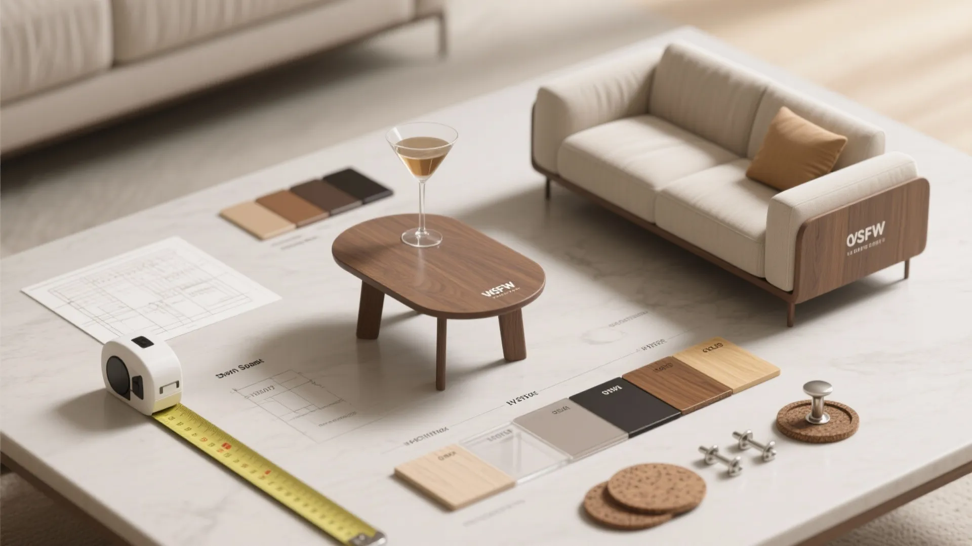 Interior design drawing with furniture models color samples tape measure and floor plan on table