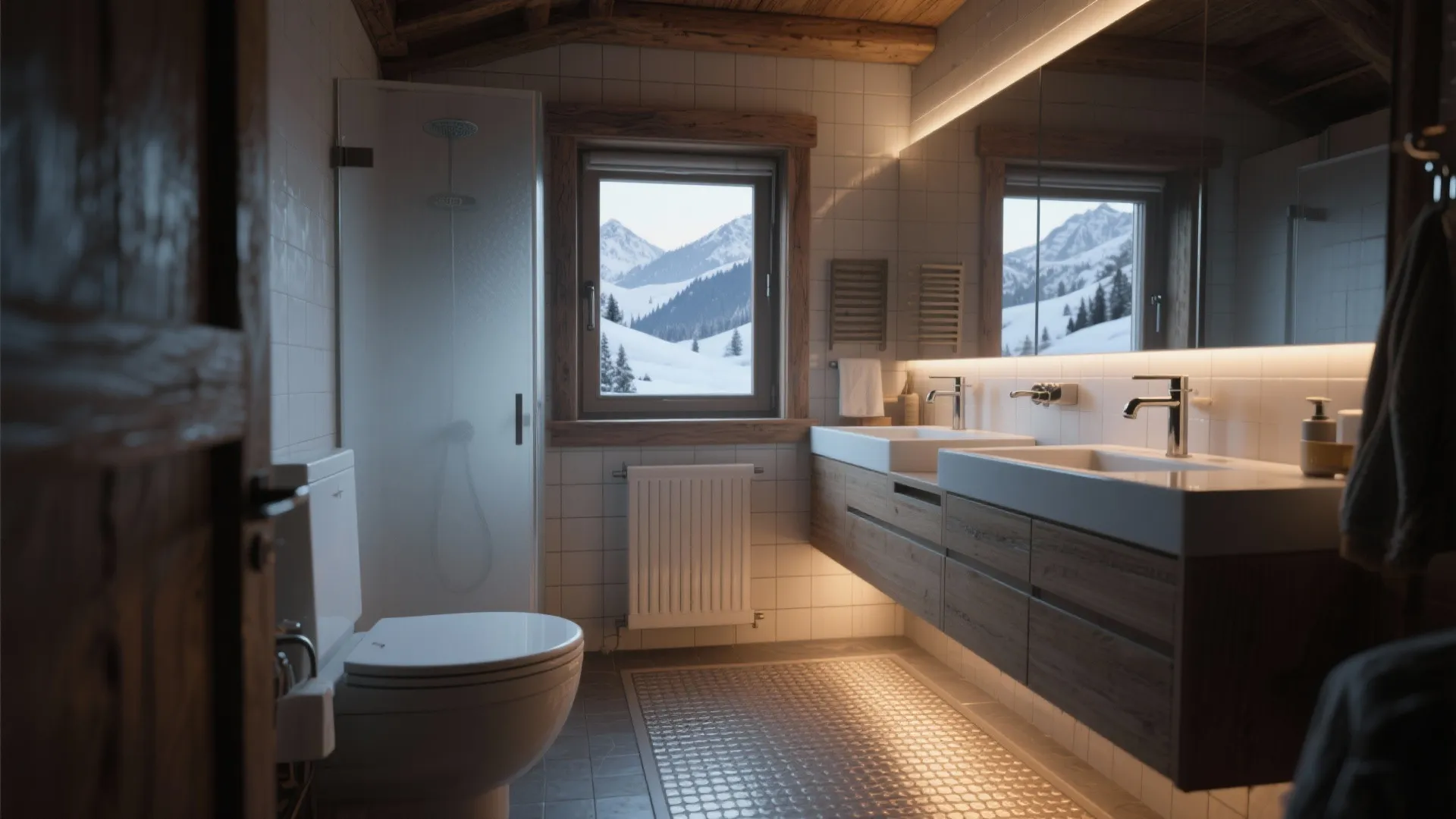Modern wooden bathroom with double sinks large mirror white toilet shower area and snowy mountain view