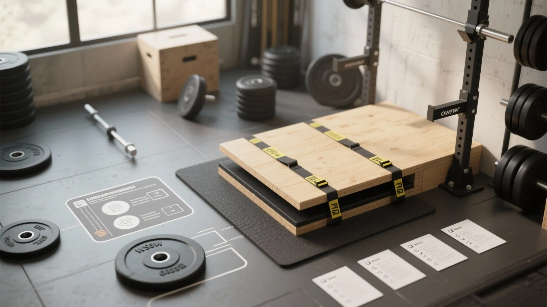 Black weight plates and metal barbell on gym floor near wooden platform with instruction manuals today