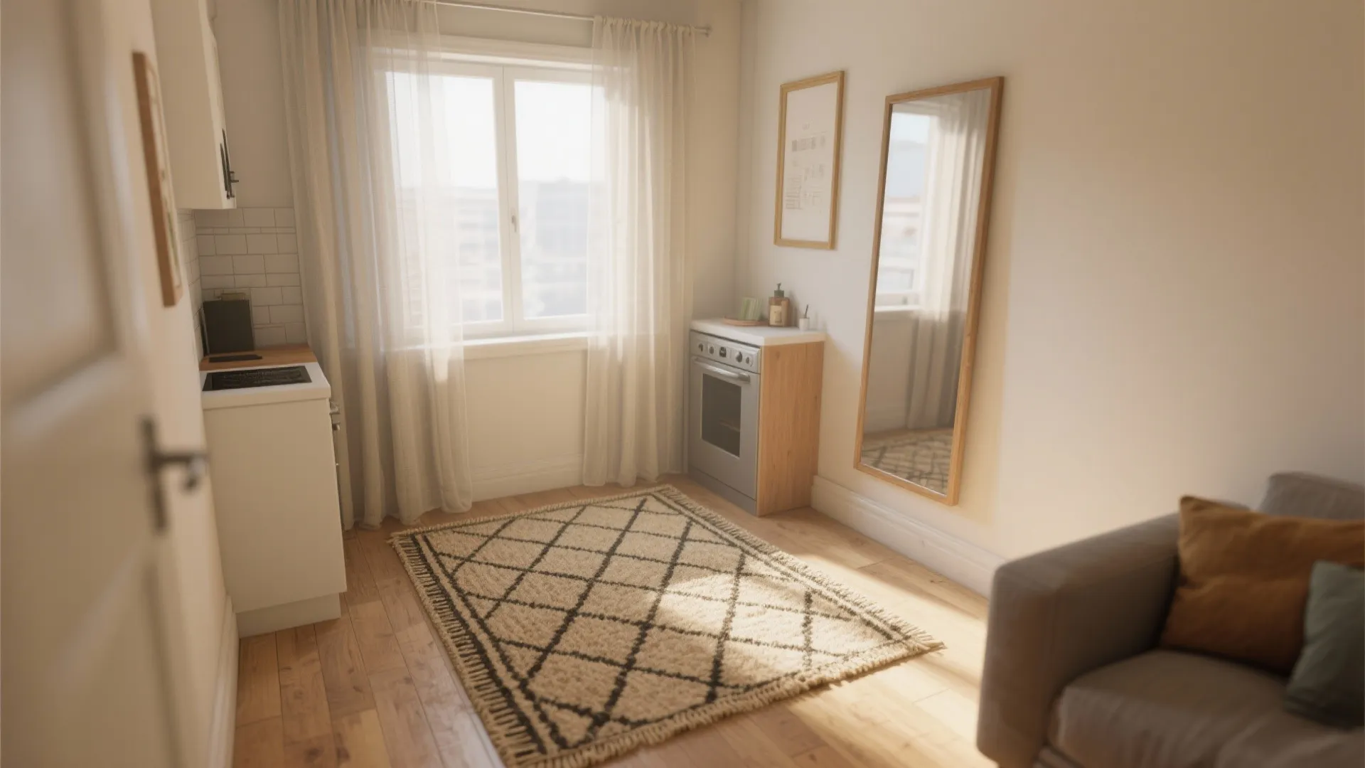 Minimalist small studio room with white walls, wooden floor, patterned rug, mirror, and natural light