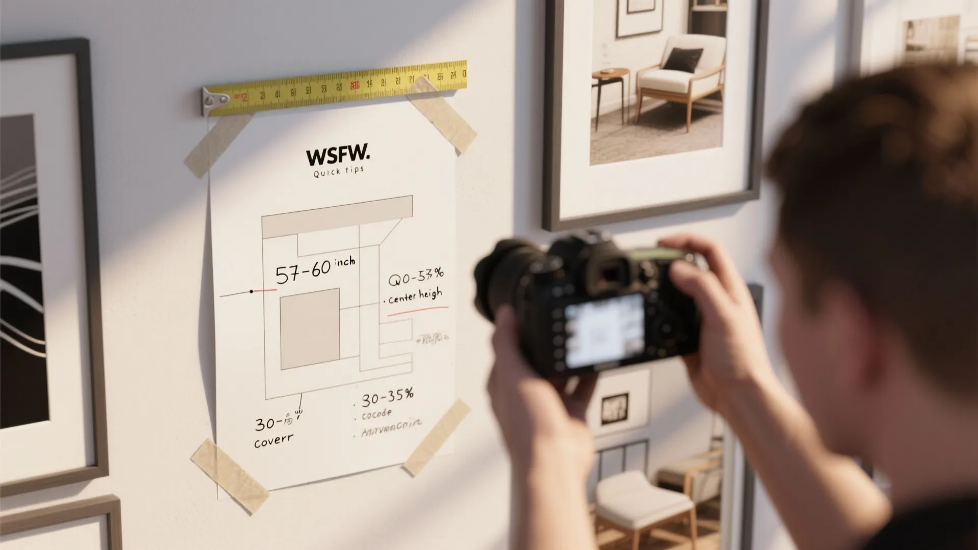 Person taking photo of a wall measurement guide with tape and paper for hanging art