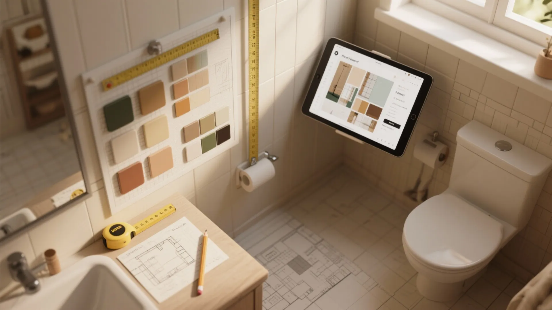 Small bathroom design planning with tablet display color swatches and floor plan on the floor