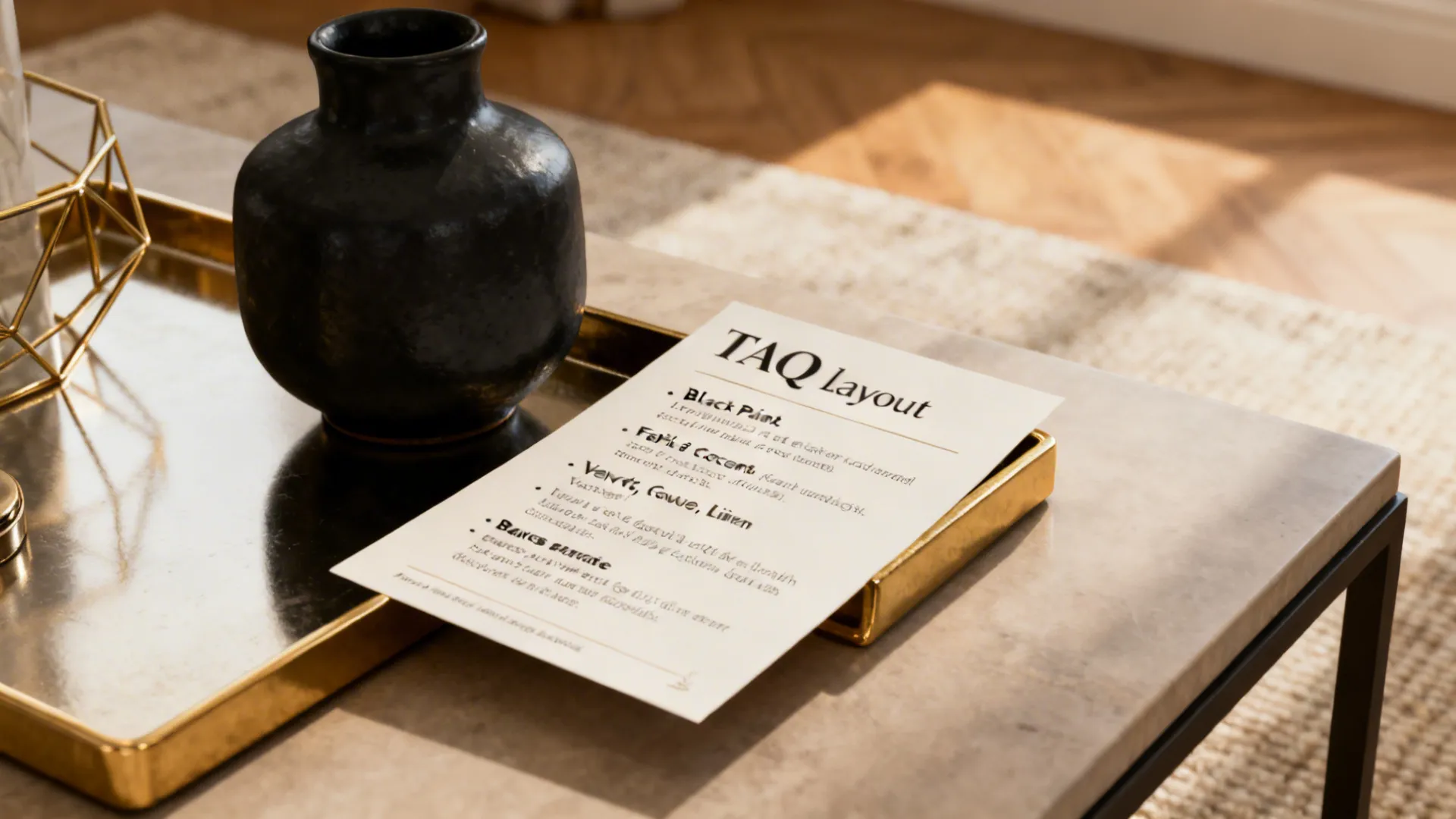 Styled FAQ tips card on a coffee table about using black and gold in small living rooms, with accessories.