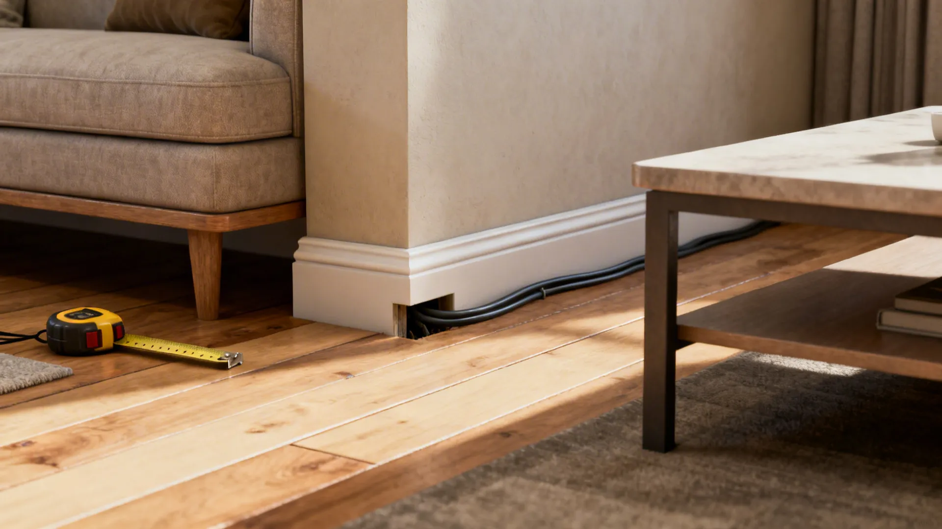 Collage of measurement tape, lengthwise floorboards, cable concealing and nested tables illustrating small-room tips.