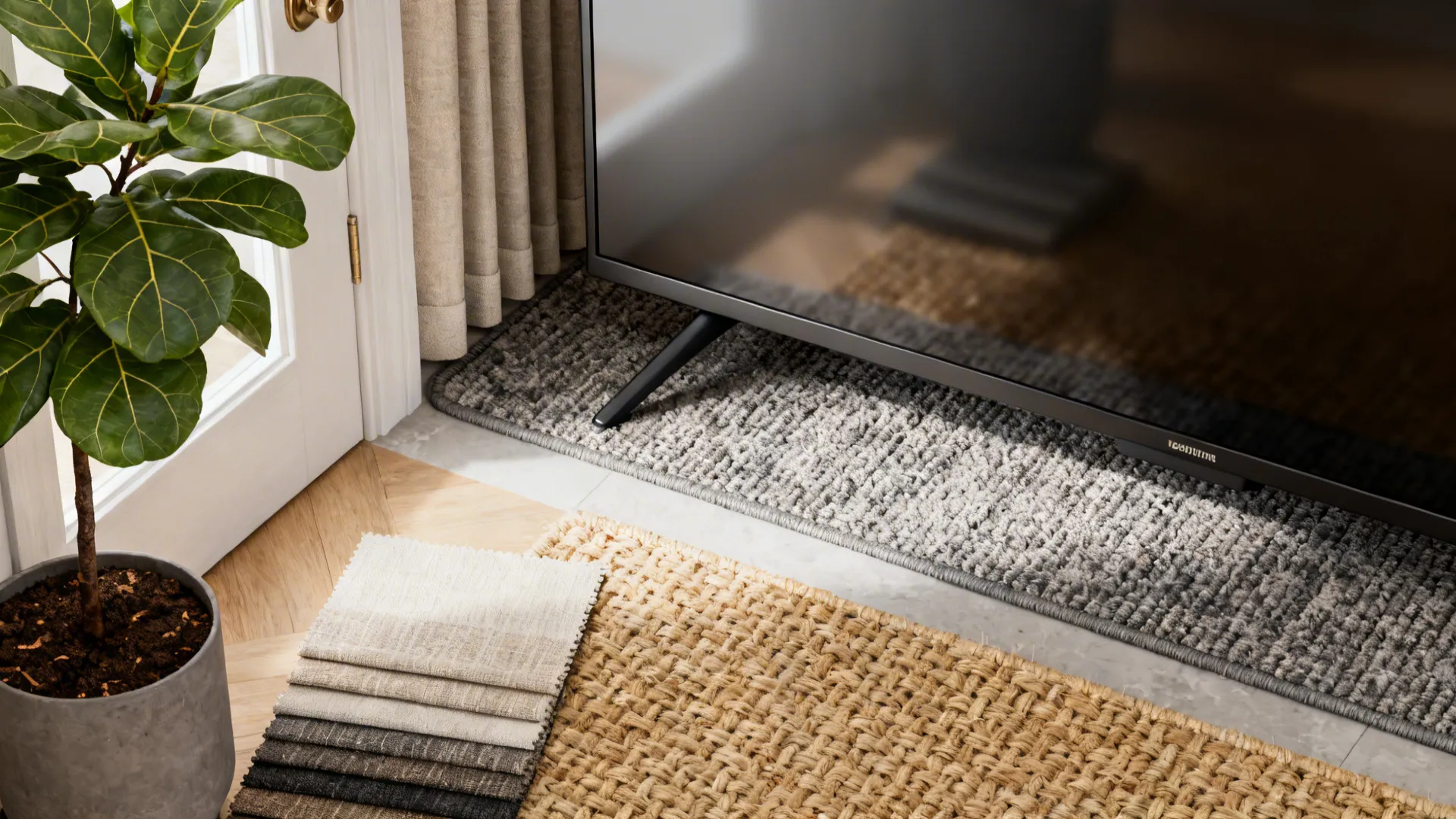 Collage of anti-glare TV, waterproof rug, thermal curtain fabric, and indoor plant by a sliding door