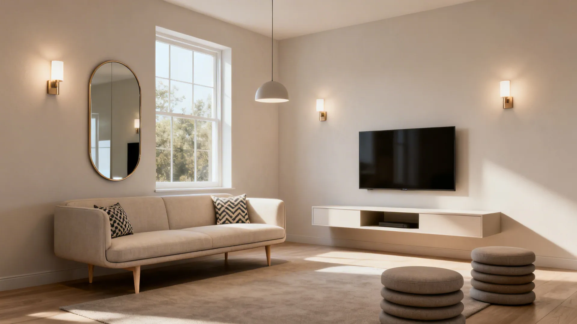 Collage of small living room tips: slim sofa, mirror, floating media unit, layered lighting and stackable seating.