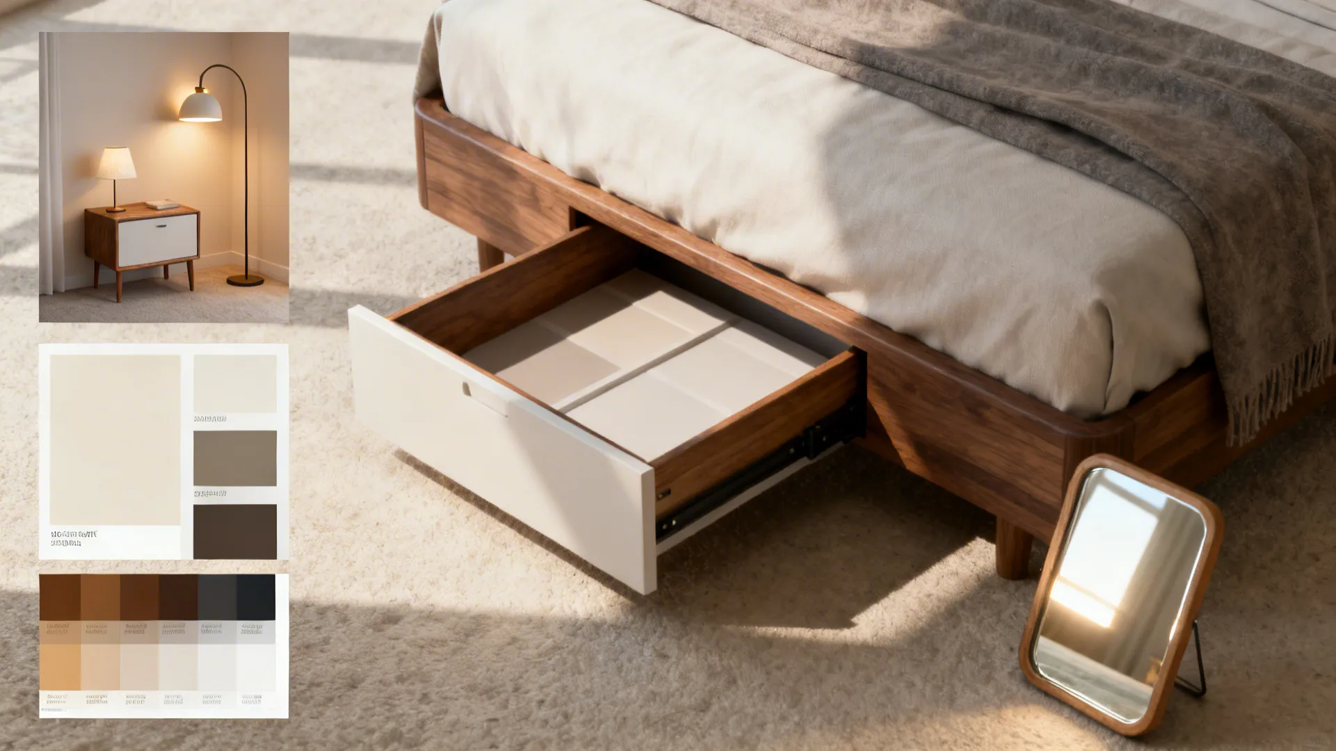 Collage of paint swatches, small-scale furniture, storage examples and lighting samples for small rooms.