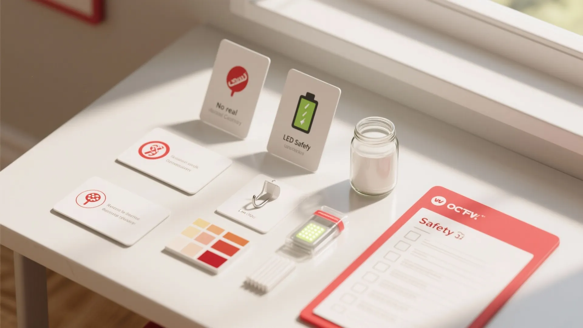 White table with safety instruction cards and a red clipboard showing a checklist for home