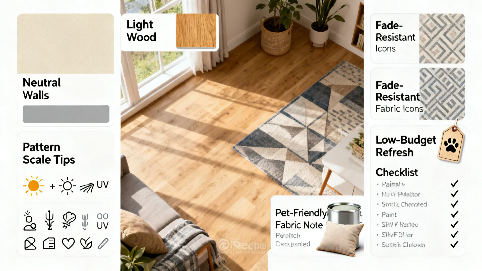 Top-down infographic mockup with tips for using red and black in small spaces