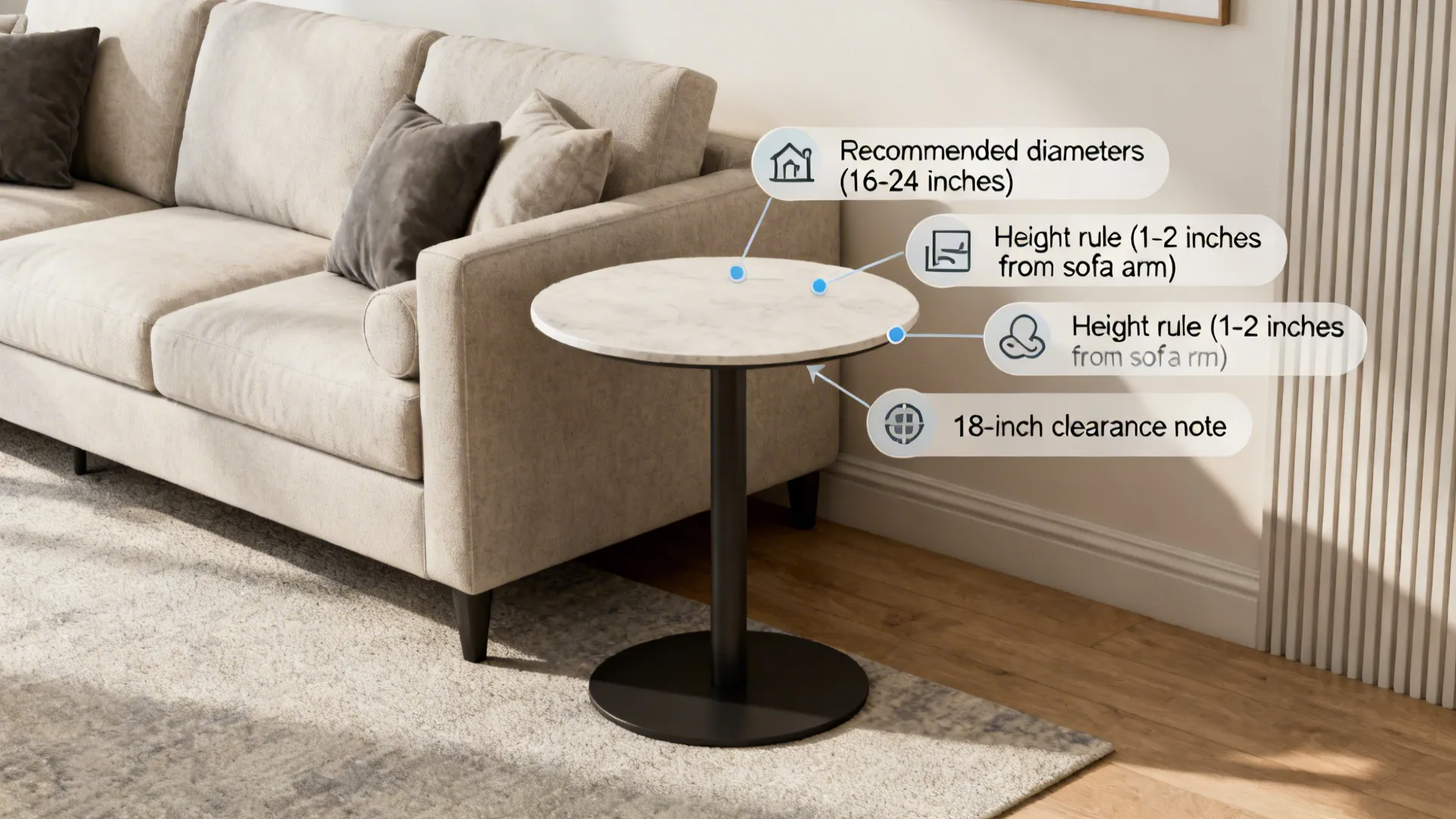 Living room infographic image showing sizing and spacing tips for round end tables.