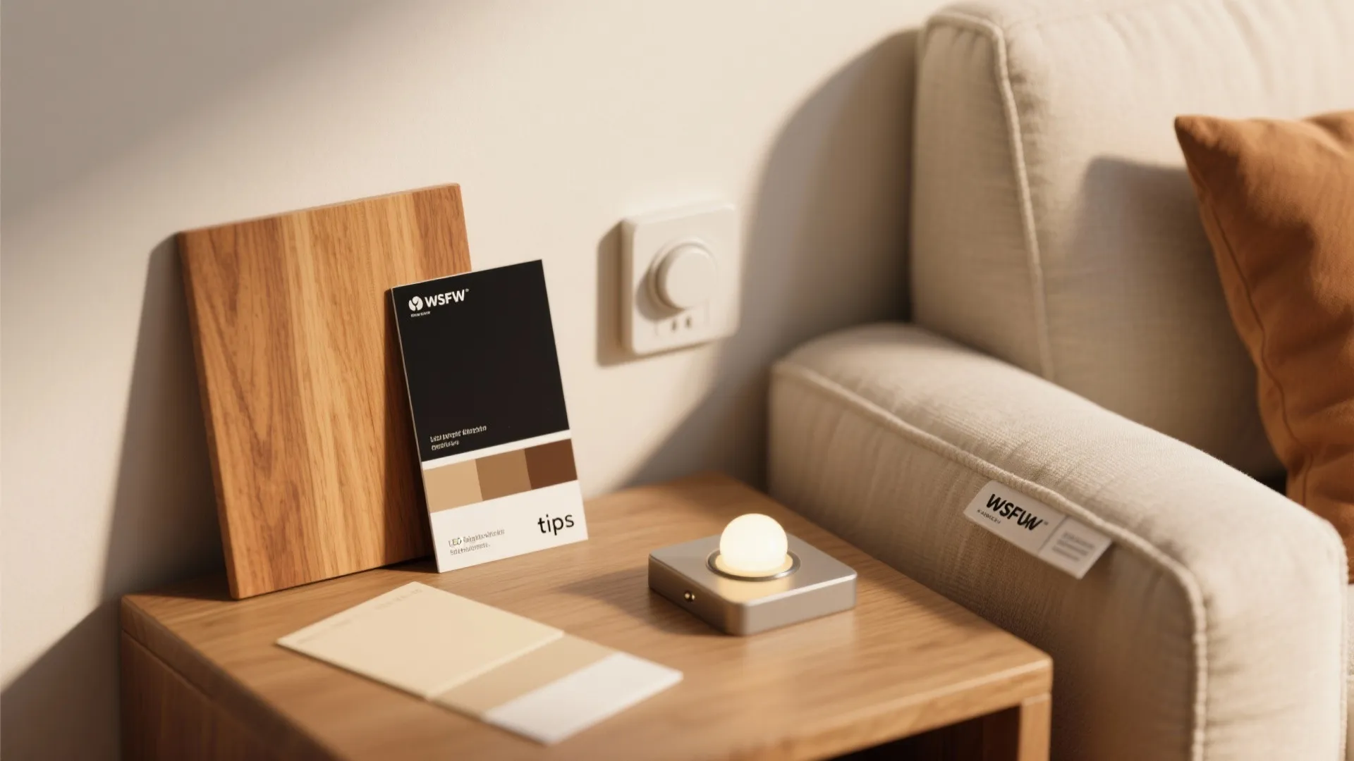 Close-up of paint swatches, fabric care tag and dimmer switch illustrating black-and-cream bedroom tips.