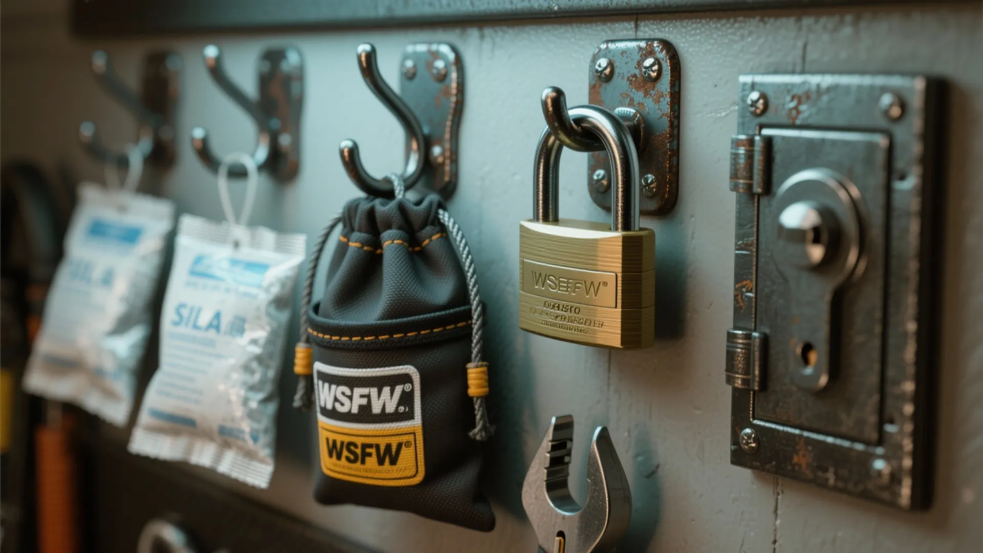 Metal wall hooks holding a brass padlock small black tool bag and white storage packets