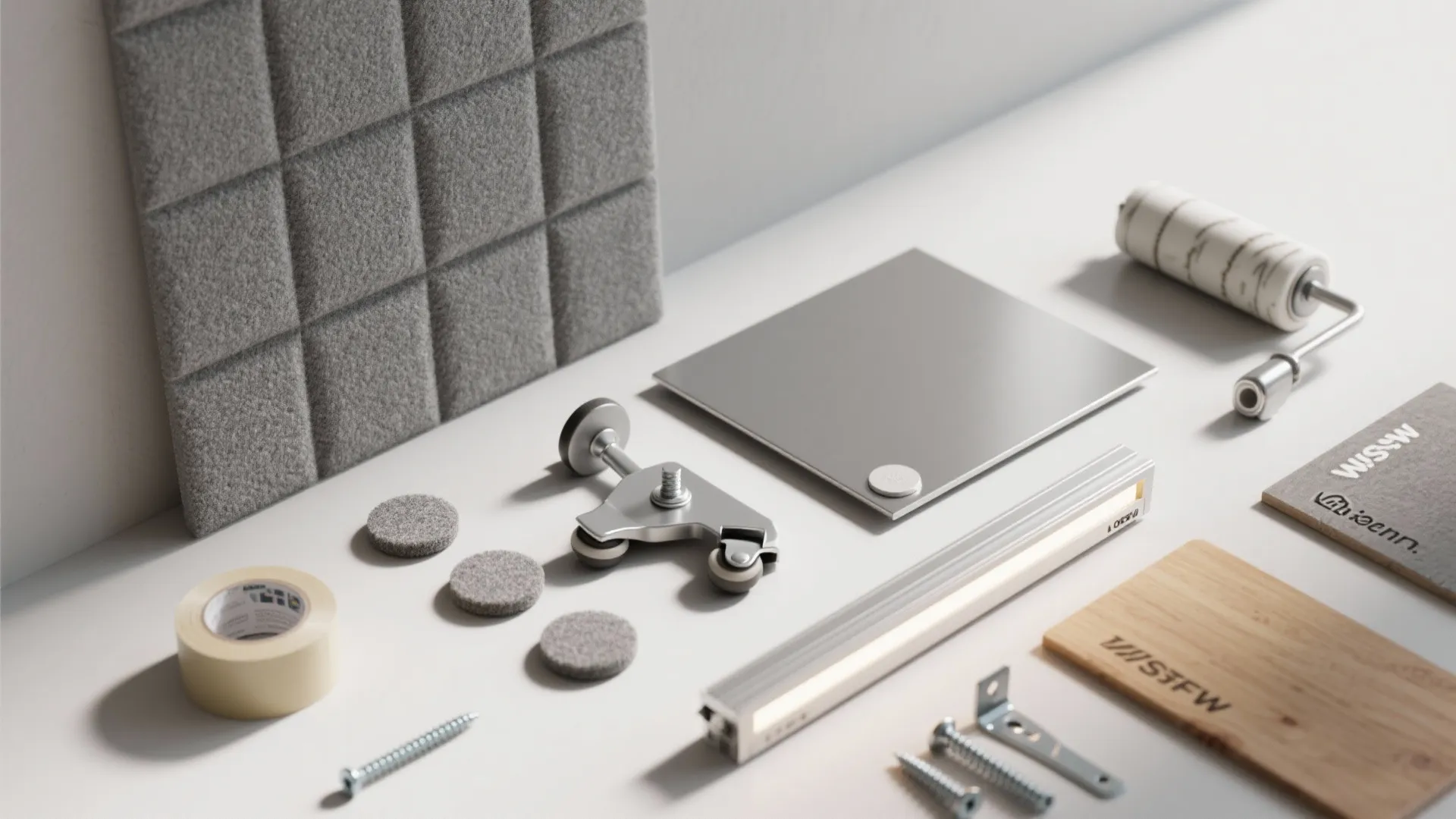 Interior design tools including light fixture wall panel screws tape and roller for home renovation project