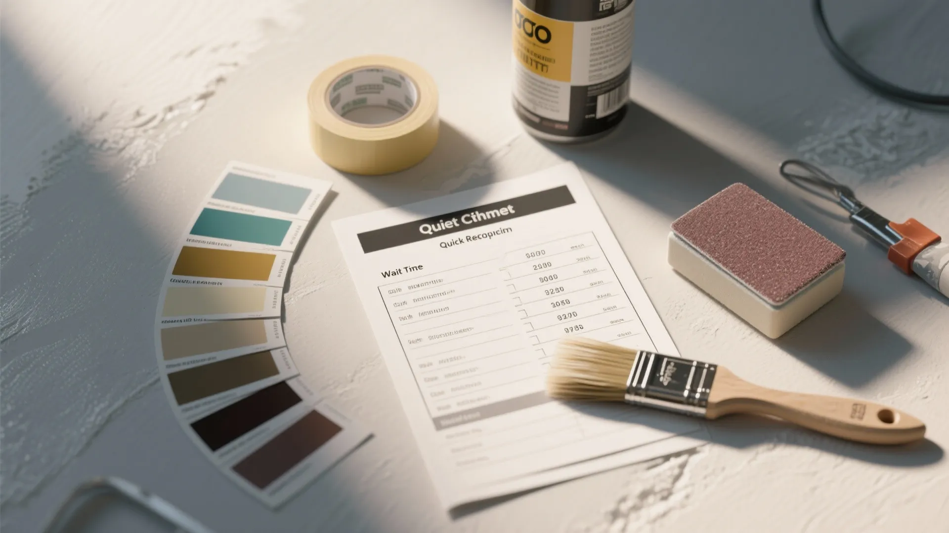 Interior painting toolkit with color swatches paint brush masking tape sanding block and project guide
