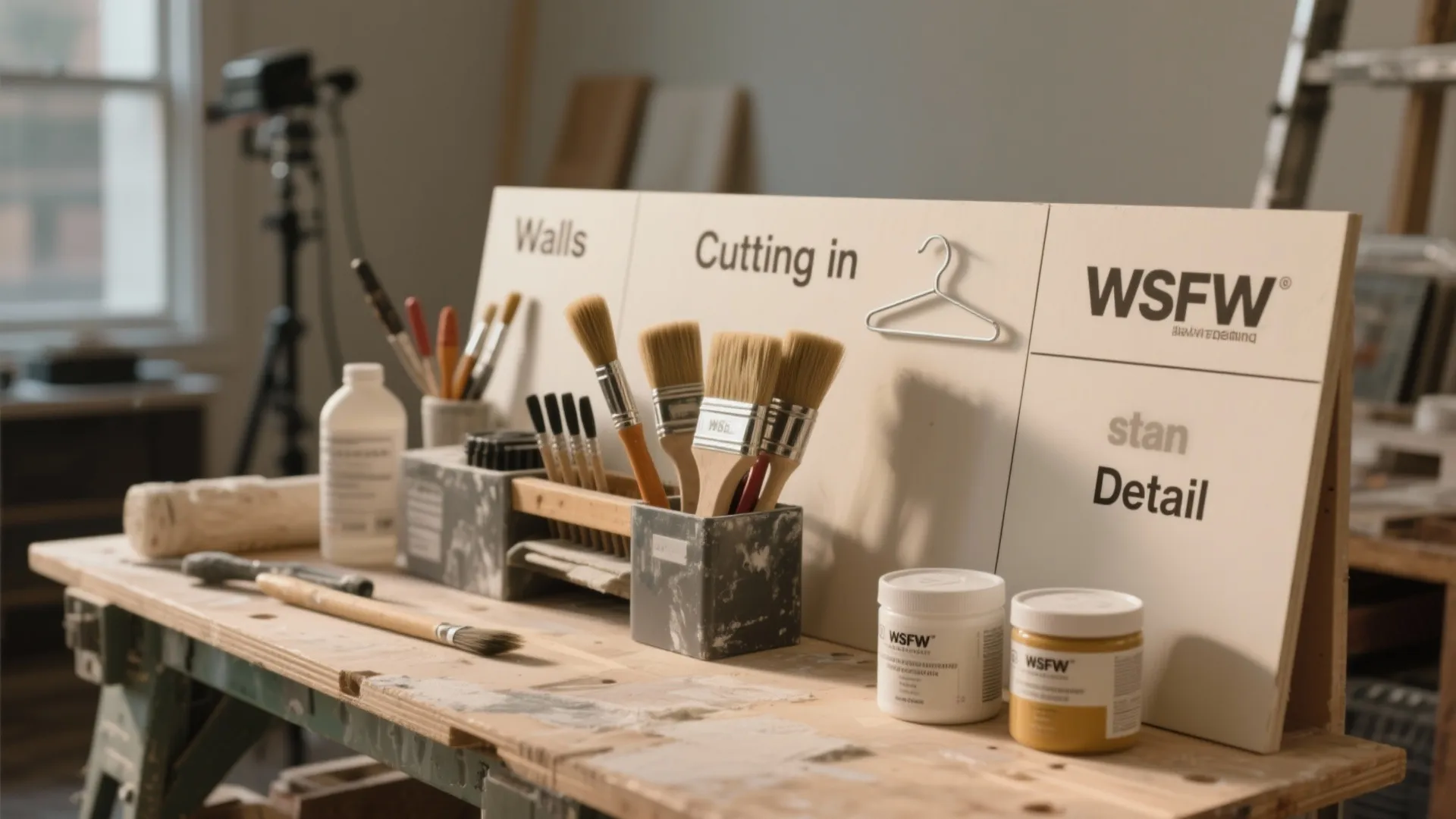 Wooden workbench with paint brushes in a holder paint cans and signs for wall painting