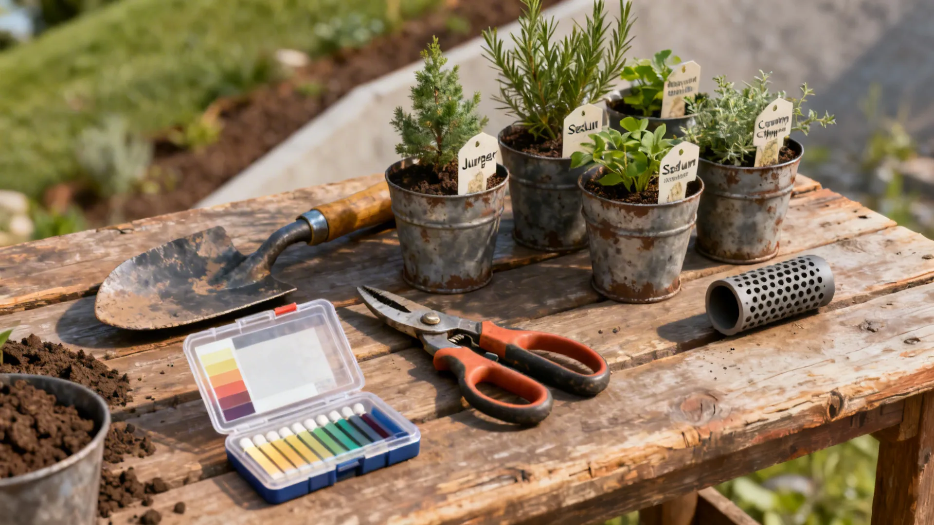 Toolkit and plant labels for slope planting including soil test kit and drainage sample.