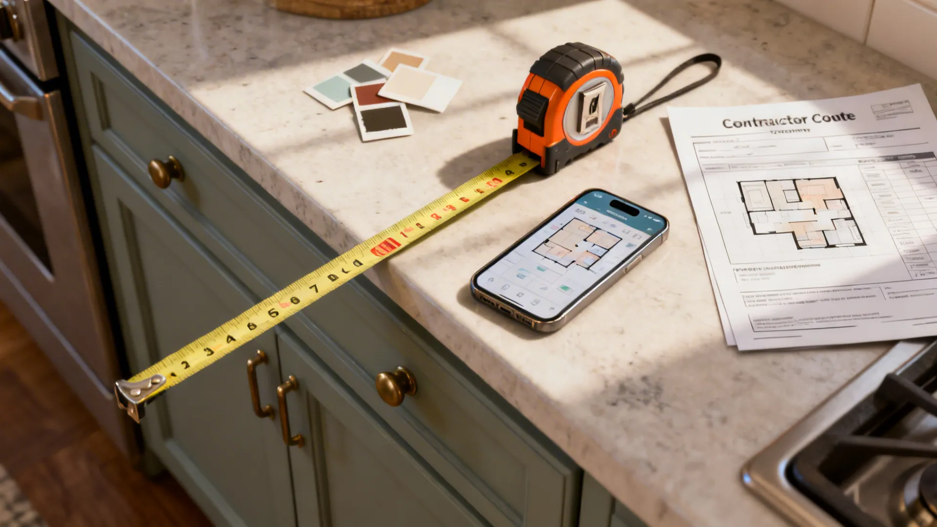 Toolkit with measuring tape, quote sheet and layout planner for kitchen planning
