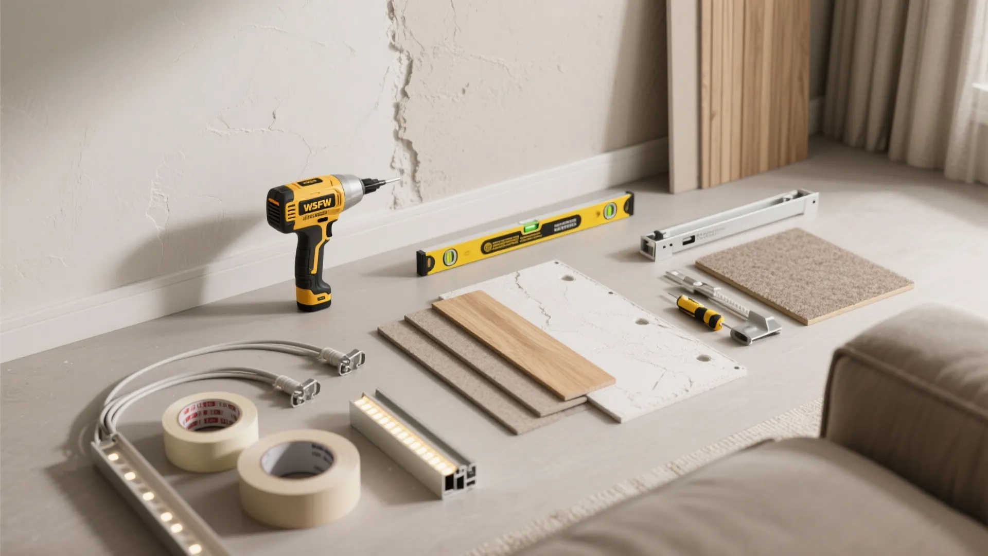 Home renovation tools including yellow electric drill level tape light fixture and various building material samples