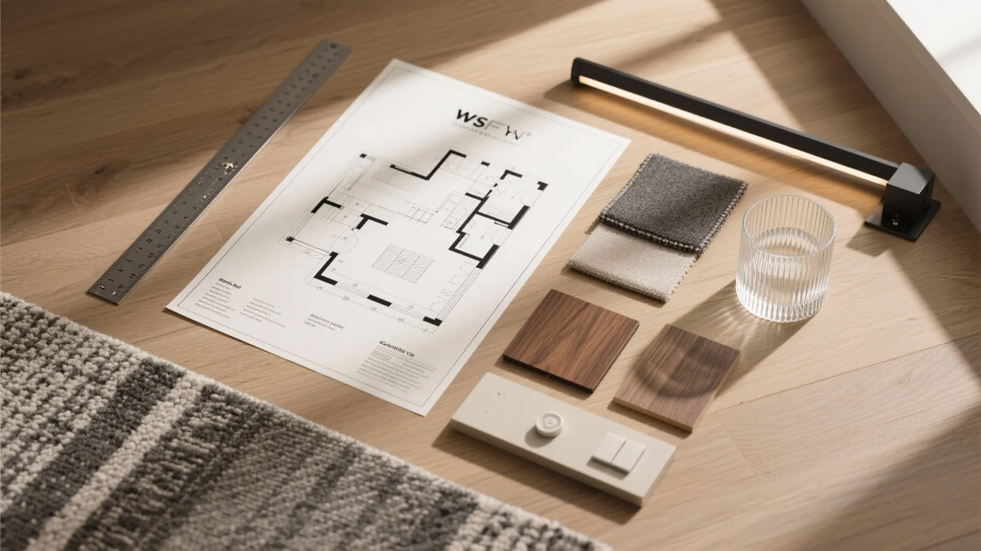 Printed house floor plan with material samples and ruler laid out on a wooden floor surface