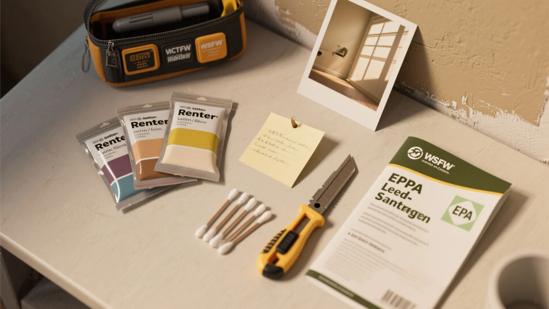 Flat lay of paint color packets cotton swabs utility knife photo and manual on table