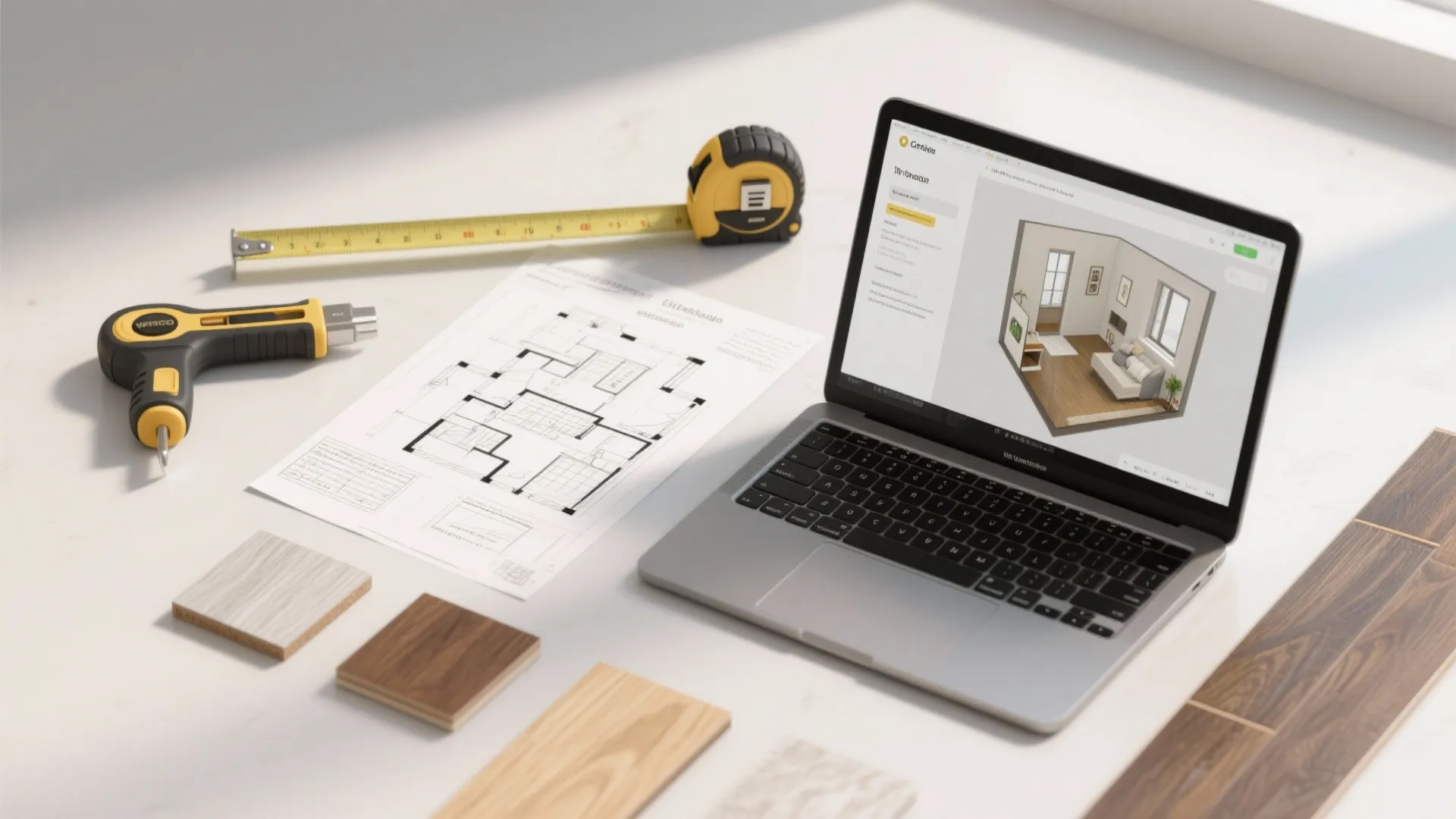 Laptop showing 3D room design alongside floor plan paper measuring tape and wood material samples