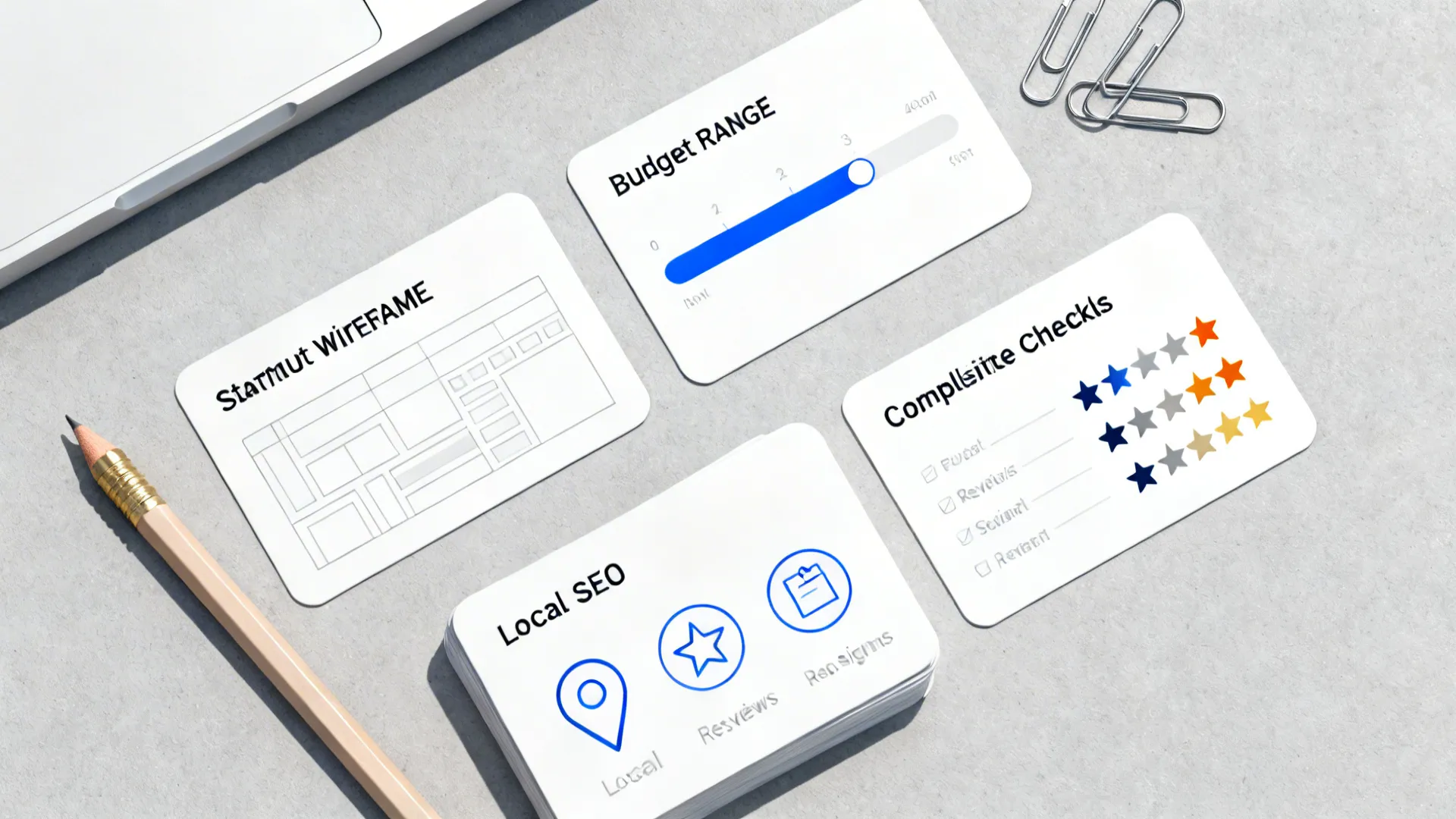 Top-down flat lay of sitemap, budget, compliance, and local SEO icon cards arranged neatly.